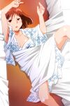  1girl bed bed_sheet blush_stickers breasts brown_eyes brown_hair drooling game_asset japanese_clothes kayama_tamami kimono lying official_art on_back on_floor open_mouth shiny_skin short_hair small_breasts solo spread_legs super_real_mahjong tanaka_ryou uneven_eyes yukata 
