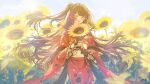  1girl absurdres blurry blurry_foreground blush brown_gloves brown_hair commentary_request copyright_name copyright_notice cowboy_shot day floating_hair floral_print floral_print_kimono flower gloves goraku_production grey_sash hair_flower hair_ornament highres holding holding_flower japanese_clothes kimono long_hair long_sleeves looking_at_viewer lower_teeth_only mameko_(l8_w3) mole mole_under_eye obi obiage obijime ochinai_inaho one_side_up open_mouth outdoors print_kimono red_eyes red_flower red_kimono sash sky smile solo standing sunflower sunlight teeth very_long_hair virtual_youtuber watermark white_sky yellow_flower 