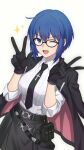  1girl arsti_11 artist_name black_coat black_gloves blue_eyes breasts ciel-sensei_(fate) ciel_(tsukihime) coat coat_on_shoulders commentary english_commentary fate/grand_order fate_(series) glasses gloves highres holster large_breasts looking_at_viewer necktie one_eye_closed open_mouth shirt short_hair skirt sleeves_rolled_up smile sparkle v white_shirt 