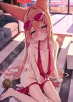  1girl absurdres animal_ears barefoot between_legs bikini bikini_bottom_pull blue_archive blush brown_hair clothes_pull colored_inner_hair commentary_request crossed_bangs extra_ears flat_chest fox_ears fox_girl grey_hair hair_between_eyes halo hand_between_own_legs highres indoors multicolored_hair nipples official_alternate_costume on_floor oversized_clothes parted_lips purple_eyes red-tinted_eyewear red_bikini red_halo ribs rumi_(blue_archive) rumi_(small)_(blue_archive) rumi_(swimsuit)_(blue_archive) short_hair sitting solo swimsuit tarako_(tarakopng) tinted_eyewear two-tone_hair very_short_hair 