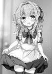  1girl :d absurdres alternate_costume apron blurry blurry_background blush bow bowtie breasts commentary_request cowboy_shot dress enmaided frilled_apron frills grey_background greyscale hair_intakes hair_ribbon hakugan half_updo hamidashi_creative highres holding_own_dress looking_at_viewer maid maid_apron medium_hair monochrome nishiki_asumi open_mouth puffy_short_sleeves puffy_sleeves ribbon second-party_source short_sleeves sidelocks simple_background smile solo thighhighs 