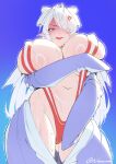  1girl absurdres anger_vein angry animal_costume arm_under_breasts ass_visible_through_thighs blue_background blush bow breasts cameltoe closed_mouth commentary cosplay covered_nipples cowboy_shot embarrassed english_commentary eyes_visible_through_hair from_below goddess_of_victory:_nikke gradient_background groin hair_bow hair_over_one_eye half-closed_eyes hand_up highres huge_breasts lee_zue_ky long_hair long_sleeves looking_at_viewer looking_down marciana_(marine_study)_(nikke) marciana_(nikke) marciana_(nikke)_(cosplay) mole mole_under_mouth navel open_clothes penguin_costume pointy_ears purple_eyes red_slingshot_swimsuit slingshot_swimsuit solo standing stomach sweat swimsuit trembling twitter_username v-shaped_eyebrows velina_airgid very_long_hair white_bow white_hair zenless_zone_zero 