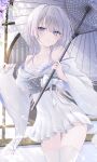  1girl absurdres bandages bare_shoulders blue_eyes blush breasts cleavage commentary_request highres holding holding_umbrella indoors japanese_clothes kimono klee-on long_hair looking_at_viewer obi oil-paper_umbrella original pointy_ears sarashi sash solo sunlight thighhighs umbrella watermark white_hair white_kimono white_thighhighs wide_sleeves 