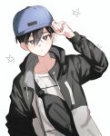 1boy alternate_costume baseball_cap black_eyes black_hair black_jacket blue_hat bright_pupils closed_mouth collarbone commentary_request double-parted_bangs expressionless fanny_pack hair_between_eyes hat highres jacket jooee4124 long_sleeves looking_at_viewer male_focus omori open_clothes open_jacket shirt short_hair solo sunny_(omori) white_background white_pupils white_shirt 