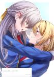  2girls :d absurdres alternate_costume alternate_hairstyle arms_around_neck blonde_hair blue_background blue_jacket blush border charlotta_skopovskaya collared_shirt commentary_request eye_contact face-to-face fan_request from_side grey_hair hair_between_eyes hair_ornament hair_ribbon hairclip half_updo happy headset heaven_burns_red highres hug jacket kayamori_ruka kisaragi_yayoi_(ksrg_yayoi) long_hair long_sleeves looking_at_another multiple_girls necktie open_clothes open_jacket open_mouth outline outside_border parallel_hairclips parted_lips profile red_eyes red_necktie request_inset ribbon shirt short_hair sidelocks simple_background smile tsurime upper_body white_border white_outline white_shirt yellow_eyes yellow_ribbon yuri 