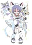  1boy :< absurdres animal_ear_fluff animal_ears bell belt black_bodysuit black_bridal_gauntlets black_sandals black_sash blunt_ends blush bodysuit bow bridal_gauntlets cat_boy cat_ears closed_mouth crossdressing crossdressing_(mtf) detached_sleeves dragon dress dress_tug durin_(genshin_impact) ear_blush eromkk eyeliner feathers flying_sweatdrops forehead_blush frilled_dress frills frown furrowed_brow genshin_impact gold_belt gold_ring hair_bell hair_ornament hand_up highres holding holding_staff jingle_bell leg_warmers looking_at_viewer magical_boy maid maid_headdress makeup male_focus medium_dress middle_ring mini_durin_(genshin_impact) musical_note neck_feathers obi pom_pom_(clothes) purple_eyes purple_hair red_eyeliner ribbon-trimmed_sleeves ribbon_trim sandals sash scaramouche_(genshin_impact) shakujou short_eyebrows small_dragon socks spoken_musical_note staff sweatdrop tabi tassel tsurime twitter_username wanderer_(genshin_impact) white_bow white_dress white_leg_warmers white_sleeves white_socks wispy_bangs yellow_feathers zouri 