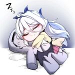  1girl blue_archive cheek_press closed_eyes dakimakura_(object) doodle_sensei_(blue_archive) hair_between_eyes hina_(blue_archive) hina_(pajamas)_(blue_archive) horns hug hugging_object hyang_zo95 jacket long_hair long_hair_between_eyes low_wings multiple_horns pajamas pillow pink_pajamas pink_skirt sensei_(blue_archive) skirt sleeping squishing white_hair wing_hug wings yellow_jacket zzz 