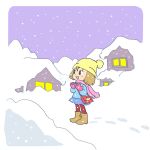  1girl :d bag beanie blue_shirt blue_skirt blush_stickers boots breath brown_boots brown_eyes brown_hair building chibi commentary_request day footprints hat kabiinyo_(kab) original outdoors pantyhose pink_scarf purple_sky red_pantyhose scarf shirt shoulder_bag skirt sky smile snow snowing solo standing window yellow_hat 