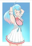  ahoge armpits arms_up blue_hair blue_ribbon breasts button_dress commentary dress english_commentary evelyn_(vtuber) gradient_background gradient_hair hair_ornament heart heart_hair_ornament highres indie_virtual_youtuber large_breasts licking_lips multicolored_hair one_eye_closed pink_ribbon red_eyes ribbon short_dress sleeveless sleeveless_dress tongue tongue_out virtual_youtuber white_dress yuuta_(yuuta0361) 