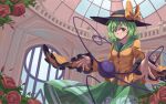  1girl black_hat bow buttons c2215721819 chinese_commentary closed_mouth collared_shirt commentary_request diamond_button disembodied_linked_eye eyeball floral_print frilled_sleeves frills green_eyes green_hair green_skirt hat hat_bow heart heart_of_string indoors komeiji_koishi long_sleeves looking_at_viewer medium_hair painting_(object) print_skirt rose_print shirt skirt smile solo touhou wide_sleeves yellow_bow yellow_shirt 