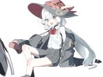  1girl alternate_breast_size_(smaller) black_hat black_jacket black_skirt blue_archive blush bow bowtie braid collared_shirt eri_(blue_archive) feet_out_of_frame flat_chest flying_sweatdrops grey_skirt halo hat highres jacket long_hair long_sleeves looking_at_viewer mamyu_040 open_clothes open_mouth orange_eyes pleated_skirt red_bow red_bowtie shirt simple_background sitting skirt sleeveless sleeveless_shirt sleeves_past_fingers sleeves_past_wrists solo white_background white_hair white_shirt witch_hat yellow_eyes 