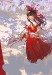  1girl absurdres ascot bow brown_hair cherry_blossoms detached_sleeves flower frilled_bow frilled_hair_tubes frills gohei hair_bow hair_tubes hakurei_reimu highres holding holding_gohei long_hair pink_flower qianeyejiaorouji red_bow red_eyes red_skirt ribbon-trimmed_skirt ribbon-trimmed_sleeves ribbon_trim skirt skirt_set solo touhou unfinished yellow_ascot 