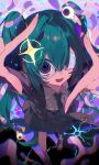  1girl abstract_background absurdres aqua_hair black_necktie blue_eyes brown_jacket brown_shirt collared_shirt detached_eyes dot_nose eyepatch finger_frame fingernails hair_between_eyes hair_intakes hatsune_miku heart highres jacket long_hair looking_at_viewer medical_eyepatch monitoring_(vocaloid) multicolored_eyes necktie open_mouth pleated_skirt purple_eyes ringed_eyes shirt sin_090 skirt solo sparkle tie_clip twintails two-tone_eyes very_long_hair vocaloid wing_collar 