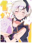  1girl androgynous anniversary bandaged_arm bandages bare_shoulders belt_collar bouquet closed_eyes collar collarbone commentary confetti facing_viewer falling_petals flower flower_(vocaloid) flower_(vocaloid4) grin hand_on_own_arm highres holding holding_bouquet jacket multicolored_hair petals purple_flower purple_jacket purple_nails purple_shirt purple_streaks shirt short_hair smile sparkle sparkling_aura streaked_hair twitter_username upper_body vocaloid wakakusa_illust white_background white_hair 