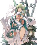  1girl :d adapted_costume alternate_costume asakura_maru bamboo breasts clothing_cutout collared_shirt commentary_request detached_sleeves frog_hair_ornament gohei green_hair grey_eyes groin hagoromo hair_ornament hair_tubes highres holding holding_gohei kochiya_sanae large_breasts looking_at_viewer navel no_bra no_panties open_mouth pants shawl shirt sideboob simple_background single_hair_tube sleeveless sleeveless_shirt smile snake_hair_ornament solo stone_lantern tan thigh_cutout thighs touhou white_background white_pants white_shawl white_shirt 
