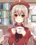  2hands1cup ahoge bad_id bad_pixiv_id bangs beret blurry blurry_background book bookshelf brown_jacket closed_mouth coffee commentary_request cup depth_of_field eyebrows_visible_through_hair hair_between_eyes hair_ornament hat head_tilt holding holding_cup indoors jacket light_brown_hair long_sleeves looking_at_viewer off_shoulder omuretsu original red_eyes red_hat red_sweater smile solo steam sweater teacup 