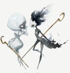  1girl 1other arthropod_girl black_eyes black_skin colored_skin corrupted_twitter_file dress f4d1a6 full_body highres holding holding_weapon hollow_knight hollow_knight:_silksong lace_(hollow_knight) mask phantom_(hollow_knight) pin_(hollow_knight) siblings weapon white_eyes white_mask 