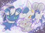  1boy 1girl 1other colored_sclera espurr evolutionary_line fangs full_body furry furry_female furry_male green_eyes green_sclera holding_hands meowstic meowstic_(female) meowstic_(male) open_mouth outline pokemon pokemon_(creature) purple_eyes purple_outline runachikku smile twitter_username yellow_sclera 