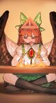  1girl bird_wings black_socks blush bow brown_eyes brown_hair brown_wings cape chest_eye chinese_commentary collared_shirt commentary_request feathered_wings fire frilled_shirt_collar frills green_bow green_skirt hair_bow highres kneehighs kori_morri long_hair open_mouth reiuji_utsuho shirt sitting skirt socks solo third_eye touhou white_cape white_shirt wings 