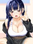  1girl 35-miya-7375 black_hair blush boku_no_kokoro_no_yabai_yatsu breasts brown_eyes cleavage collarbone commentary_request glasses grey_hoodie grey_shorts hand_up highres hood hoodie large_breasts long_hair long_sleeves looking_at_viewer navel off_shoulder open_mouth shorts sitting solo sports_bra white_sports_bra yamada_anna 