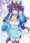  1girl absurdres animal_ears bag beret black_thighhighs blue_choker blue_eyes blue_jacket blue_nails blue_ribbon blue_skirt blush bow breasts brown_hair camellia_(camel_mal) choker collared_shirt commentary_request ear_covers hair_between_eyes hat heart heart_choker highres horse_ears horse_girl horse_tail jacket large_breasts long_hair long_sleeves looking_at_viewer midriff_peek mole mole_under_eye multicolored_hair open_clothes open_jacket ribbon shirt shoulder_bag single_ear_cover skirt smile streaked_hair tail thighhighs twintails umamusume vivlos_(umamusume) white_shirt yellow_bow zoom_layer 