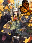  1girl :t absurdres animal animal_ear_fluff animal_ears autumn autumn_leaves baseball_cap black_cat black_hair blue_eyes blush boombox bug bug_cage butterfly cat cat_ears claws commentary dress earbuds earphones earrings ears_through_headwear eating extra_ears falling_leaves food food_on_face green_dress hat highres holding holding_food jewelry leaf long_sleeves looking_at_viewer manga_(object) monarch_butterfly nunsori orange_shirt original photobomb pinafore_dress sandwich shirt sitting sitting_on_stairs sleeveless sleeveless_dress stairs stud_earrings untranslatable_commentary whiskers 