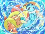  1other black_eyes closed_mouth floatzel full_body open_mouth pokemon pokemon_(creature) runachikku twitter_username vaporeon water water_drop 