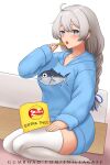  1girl 1nilla' ahoge blue_eyes blue_sweater chips_(food) commentary english_commentary food full_body highres holding holding_food honkai_(series) honkai_impact_3rd kiana_kaslana long_hair long_sleeves looking_at_viewer open_mouth seiza sitting solo sweater thighhighs white_hair white_thighhighs 