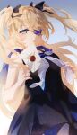  1girl absurdres alternate_costume artist_name black_dress black_ribbon blonde_hair blue_background breasts chinese_commentary commentary_request dated dress envelope eyepatch fischl_(genshin_impact) floating_hair flower_eyepatch genshin_impact green_eyes hair_ribbon hand_up highres holding holding_envelope letter light_blush long_hair looking_at_viewer medium_breasts parted_lips ribbon sailor_collar sailor_dress simple_background sleeveless sleeveless_dress solo swkl:d teeth two_side_up wind 