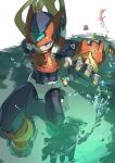  1boy 1girl android armor black_eyes blonde_hair closed_mouth commentary_request cyber-elf_(mega_man) forehead_jewel helmet highres long_hair male_focus mega_man_(series) mega_man_zero_(series) mega_man_zero_1 omochi_(mochi_skymega) on_one_knee partially_submerged passy_(mega_man) red_armor red_helmet serious solo_focus water zero(z)_(mega_man) zero_(mega_man) 
