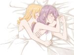  2girls :| arm_around_neck armpit_crease bare_arms bare_shoulders bed_sheet blonde_hair blush breasts closed_eyes closed_mouth commentary_request couple covered_mouth cuddling daiba_nana f_et flipped_bangs from_above front-to-back hair_down hands_up heads_together hoshimi_junna hug hug_from_behind korean_commentary long_hair lying multiple_girls on_side parted_bangs shirt shoujo_kageki_revue_starlight sleeping sleepwear sleeveless sleeveless_shirt small_breasts under_covers upper_body white_shirt yuri 