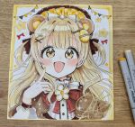  1girl :d animal_ears bear_ears blush bow brown_bow brown_capelet brown_eyes brown_hair capelet commentary_request dated hair_bow highres long_hair looking_at_viewer nail_polish orange_nails original pennant photo_(medium) red_bow sakura_oriko shikishi shirt signature smile solo star_(symbol) string_of_flags traditional_media two_side_up upper_body white_bow white_shirt 