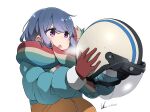  1girl blue_hair commentary_request gloves hair_between_eyes helmet highres holding holding_unworn_helmet jacket long_hair long_sleeves open_mouth purple_eyes scarf shima_rin simple_background solo unworn_headwear unworn_helmet upper_body white_background yas_(yosiyasuyasu) yurucamp 