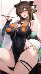  1girl animal_ears black_bow black_dress bow breasts brown_hair character_request cleavage commentary commission copyright_request covered_navel deyo_(nicijyou) dress fang green_hair green_streaks hair_ornament highres multicolored_hair o-ring open_mouth pom_pom_(clothes) pom_pom_hair_ornament skeb_commission solo streaked_hair tassel thighs yellow_bow yellow_eyes 