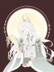  1girl absurdres book breasts cape closed_eyes crescent crescent_hair_ornament detached_sleeves dress fur_trim genshin_impact hagoromo hair_ornament high_ponytail highres holding long_hair long_sleeves mountain ponytail rice_paddy shawl solo upper_body white_hair wide_sleeves zhaoshaoji zibai_(genshin_impact) 
