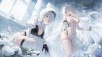  2b_(brief_respite)_(azur_lane) 2b_(nier:automata) 2girls a2_(fruit_of_temptation)_(azur_lane) a2_(nier:automata) azur_lane bare_shoulders black_gloves black_hairband breasts commentary_request crossover detached_sleeves dress eyes_visible_through_hair floating_hair flower gloves hair_over_one_eye hairband highres holding holding_flower indoors juliet_sleeves long_hair long_sleeves mole mole_under_mouth multiple_girls navel nier:automata nier_(series) official_alternate_costume official_art parted_lips puffy_sleeves short_hair sitting standing thighhighs third-party_source very_long_hair white_dress white_flower white_hair white_thighhighs window 