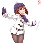  :d ^_^ artist_logo beanie black_legwear blue_scarf brown_hair closed_eyes dated duffel_coat hat highres kanon_(kurogane_knights) kantai_collection mittens open_mouth pantyhose purple_hat scarf short_hair simple_background smile snowball solo throwing type_91_armor-piercing_shell white_background white_coat winter_clothes yukikaze_(kantai_collection) 