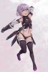  1girl bandaged_arm bandages black_gloves black_panties black_shirt black_thighhighs commentary_request dagger fate/grand_order fate_(series) fingerless_gloves full_body gloves green_eyes grey_background holding holding_dagger holding_knife holding_weapon jack_the_ripper_(fate/apocrypha) knife looking_at_viewer navel open_mouth panties partial_commentary purple_hair purple_shoes sankansan shirt shoes short_hair sleeveless sleeveless_shirt smile solo thighhighs underwear weapon 