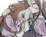  2girls animal_ears blush bow commentary_request dream_journey_(umamusume) eyewear_strap grey_eyes grey_hair hair_between_eyes hand_in_another's_hair head_on_chest highres horse_ears horse_girl korean_commentary long_hair multicolored_hair multiple_girls orange_hair orfevre_(umamusume) os_un1verse parted_lips puffy_short_sleeves puffy_sleeves school_uniform semi-rimless_eyewear short_sleeves siblings simple_background sisters streaked_hair sweat tracen_school_uniform umamusume under-rim_eyewear white_background white_bow white_streaks 