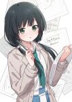  1girl blue_skirt brown_coat coat collared_shirt commentary_request green_eyes green_hair green_necktie high-waist_skirt highres holding holding_paper holding_pencil knokzm long_hair long_sleeves low_twintails necktie open_clothes open_coat paper parted_lips pencil shirobako shirt skirt solo twintails two-tone_skirt white_shirt white_skirt yasuhara_ema 