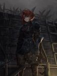  1girl absurdres armor barbed_wire blood blood_on_face blue_eyes boots breastplate brown_boots brown_jacket brown_pants club_(weapon) elbow_pads empty_eyes feet_out_of_frame from_below gauntlets grey_sky highres holding holding_club holding_weapon jacket jorgenswagger ladder looking_at_viewer marsha_(reverse:1999) pants red_hair reverse:1999 short_hair shoulder_armor sky solo trench weapon 