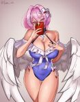  1girl absurdres blue_one-piece_swimsuit bow breasts cellphone cleavage cowboy_shot feathered_wings frilled_one-piece_swimsuit frills hair_bow hair_intakes hair_ornament hand_on_own_chest highres holding holding_phone lao_arts large_breasts looking_at_viewer medium_hair mole mole_on_breast official_alternate_costume one-piece_swimsuit phone pink_hair purple_eyes remielle_dan remielle_dan_(dreamland_fest) selfie simple_background smartphone solo swimsuit taking_picture thighs white_wings wings zenless_zone_zero 