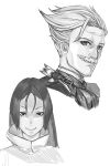  1boy 1girl closed_mouth commentary facial_hair fate/grand_order fate_(series) greyscale hair_slicked_back james_moriarty_(archer)_(fate) long_hair looking_at_viewer minamoto_no_raikou_(fate) monochrome mustache sankansan short_hair simple_background smile swept_bangs upper_body 