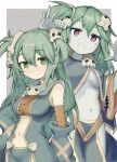 2girls blush bouhuman breasts closed_mouth colored_skin commission cowboy_shot detached_sleeves green_eyes green_hair green_skin grey_background grey_skin hair_between_eyes hair_ornament hand_on_own_hip highres long_hair long_sleeves looking_at_viewer medium_breasts multiple_girls navel original pelvic_curtain red_eyes scarf simple_background skeb_commission skull skull_hair_ornament smile undead underboob 