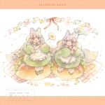  2girls :< animal_ears apron blush_stickers braid brown_shoes closed_mouth collared_dress commentary dress english_commentary english_text flower food fox_ears fox_girl fox_tail frilled_apron frills green_dress green_eyes grey_hair hair_flower hair_ornament long_hair long_sleeves maid_apron multiple_girls mura_(yoshishi_ff) open_mouth original painting_(medium) puffy_long_sleeves puffy_sleeves red_ribbon ribbon sandwich shoes siblings sisters smile socks tail traditional_media twin_braids twins very_long_hair watercolor_(medium) watermark white_apron white_flower white_socks 
