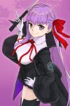  1girl bb_(fate) bb_(fate/extra) black_jacket black_skirt black_thighhighs bow breasts closed_mouth collared_shirt commentary_request cowboy_shot fate/grand_order fate_(series) gloves hair_bow hand_on_own_hip jacket large_breasts long_hair looking_at_viewer looking_to_the_side neck_ribbon open_clothes open_jacket purple_background purple_eyes purple_hair red_bow red_ribbon ribbon sankansan shirt skirt smile solo thighhighs very_long_hair white_gloves white_shirt 