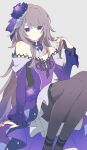  1girl breasts bridal_gauntlets brown_hair detached_collar dress flower herta_(honkai:_star_rail) highres honkai:_star_rail honkai_(series) ki_ii37 layered_dress long_hair off-shoulder_dress off_shoulder official_alternate_costume pantyhose parted_bangs parted_lips purple_eyes purple_nails simple_background sitting small_breasts solo string_of_pearls the_herta_(honkai:_star_rail) the_herta_(star_rail_live_2025)_(honkai:_star_rail) thigh_strap very_long_hair 