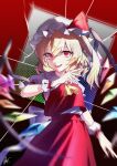  1girl absurdres ascot back_bow blonde_hair bluerhozu bow collared_shirt commentary_request crystal crystal_wings fang flandre_scarlet frilled_shirt_collar frilled_wrist_cuffs frills hat hat_ribbon highres looking_at_viewer mob_cap multicolored_wings one_side_up open_mouth puffy_short_sleeves puffy_sleeves red_eyes red_skirt red_vest red_wrist_cuffs ribbon shirt short_sleeves signature skin_fang skirt skirt_set smile solo touhou vest white_bow white_hat white_shirt wings wrist_cuffs yellow_ascot 