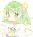  1girl :d ascot blue_vest collared_shirt commentary daiyousei fairy green_eyes green_hair hair_ribbon highres kagome_f medium_hair open_mouth painting_(medium) puffy_short_sleeves puffy_sleeves ribbon rounded_collar shirt short_sleeves smile solo touhou traditional_media vest watercolor_(medium) white_background white_shirt yellow_ascot yellow_ribbon 