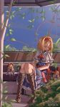  1girl absurdres alice_margatroid artist_name ascot blonde_hair blue_dress book boots brooch brown_boots c2215721819 capelet chinese_commentary closed_eyes closed_mouth commentary_request dated day doll dress grimoire grimoire_of_alice hairband hanging_plant highres jewelry knee_boots lace-up_boots plant red_ascot red_hairband red_sash sash shanghai_doll sitting sleeping solo touhou waist_sash white_capelet 